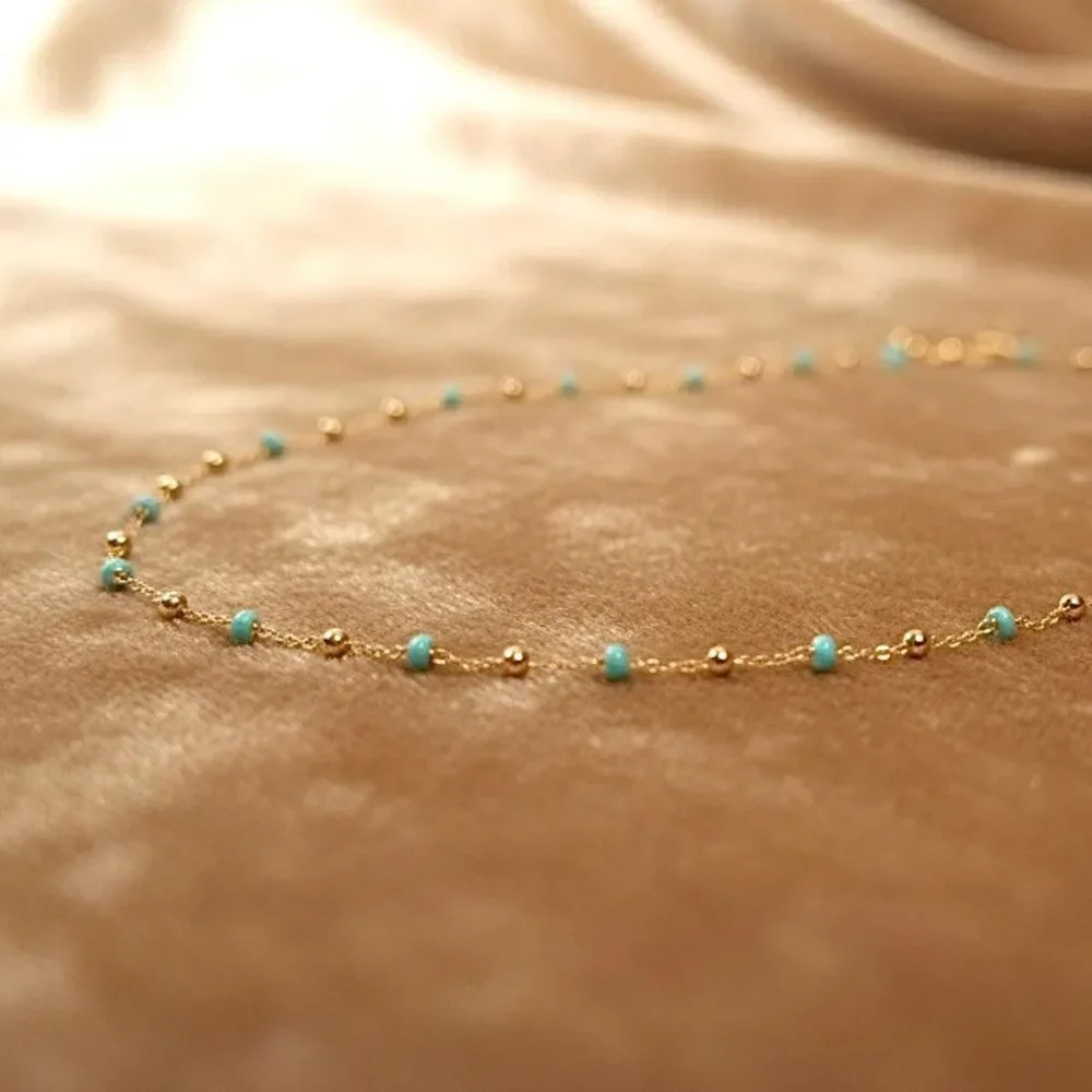 14K Yellow Gold Turquoise Enamel Bead Necklace By Tehrani Jewelry
